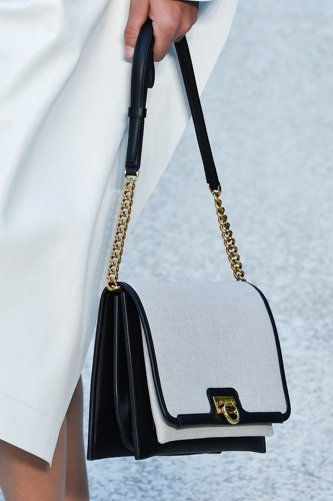 A model with a Salvatore Ferragamo SS20 bag, as one of the 4 Summer 2020 handbag trends you can inve...
