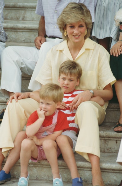 Princes William and Harry relax on their mom in 1987.