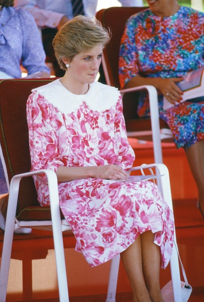 Princess Diana in a sweet pink and white dress in 1986.