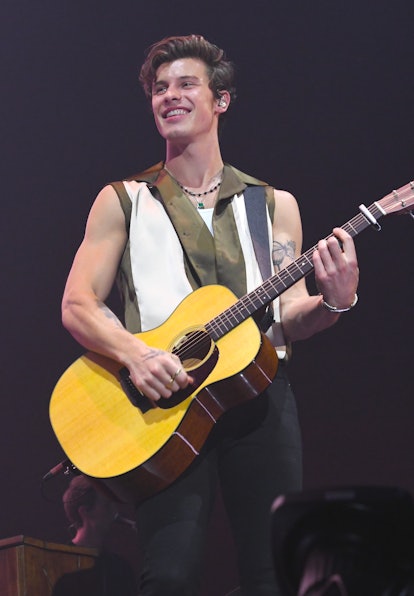 Shawn Mendes plays the guitar during a live show.