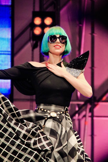 Lady Gaga rocks blue hair.
