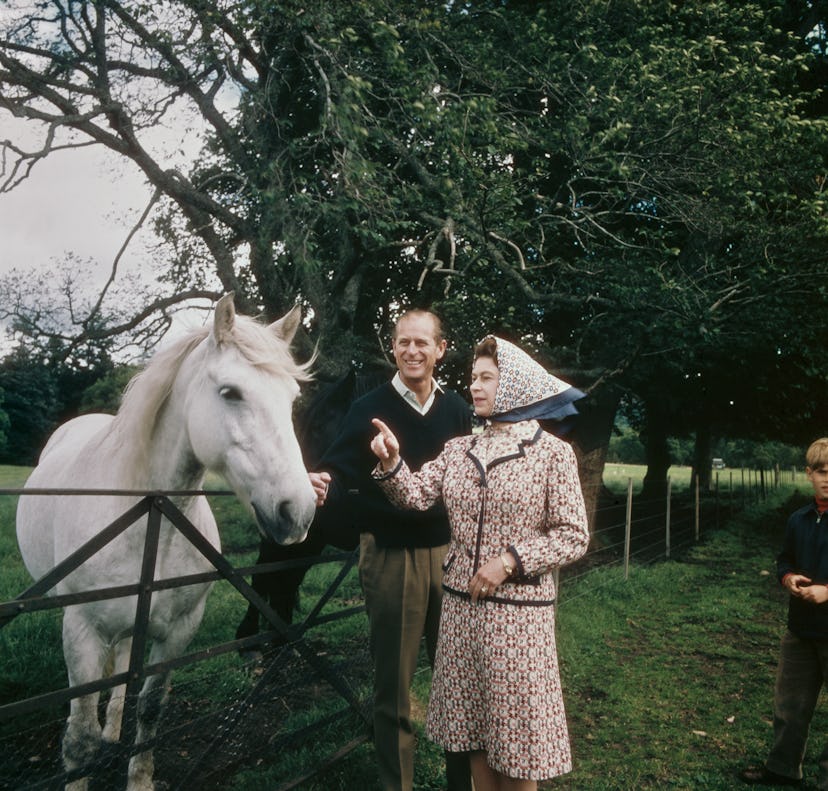 Prince Philip and Queen Elizabeth celebrate their anniversary by looking at a horse.