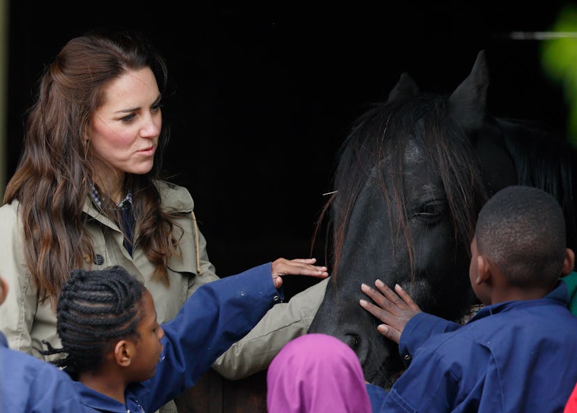 Kate Middleton gets up close and personal with a horse in 2017.