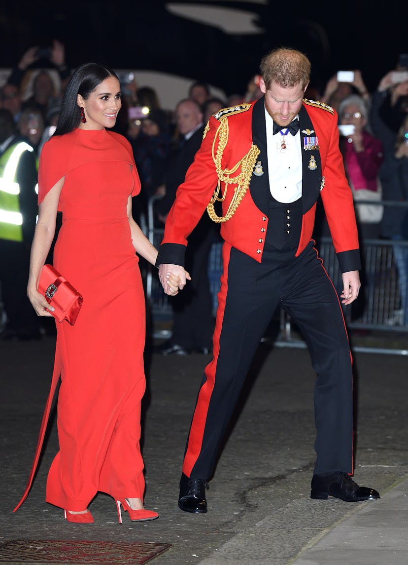 Meghan Markle wore a red dress for the Mountbatten Festival of Music in April 2020. 