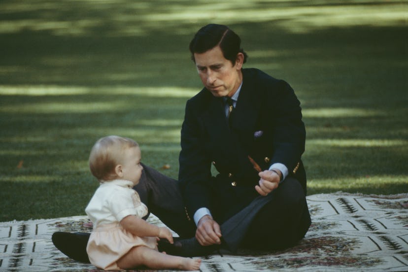 Prince Charles gets down in the grass with his son.