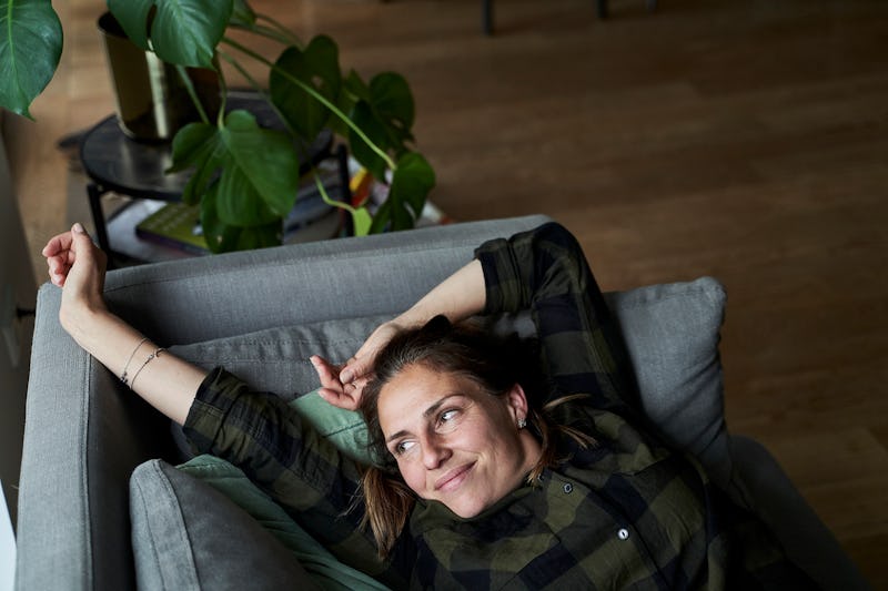 woman, stretching, couch