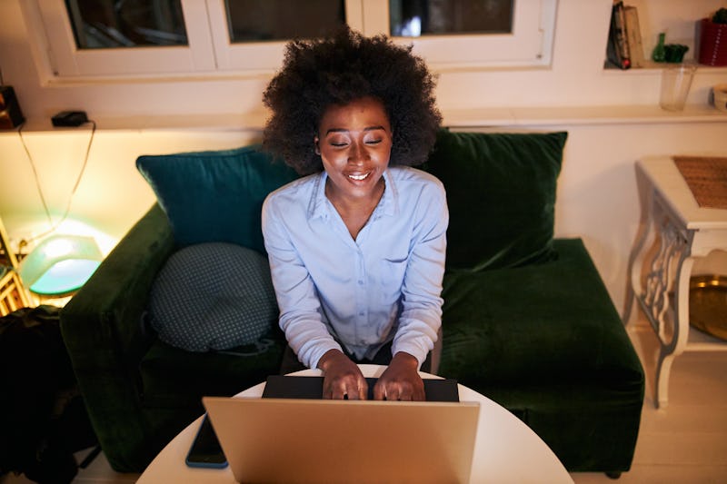 woman, writing, work, laptop, home