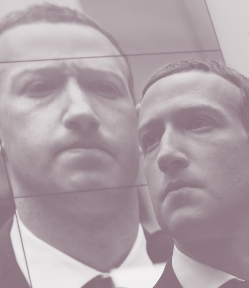 Mark Zuckerberg in front of a screen showing a picture of him frowning.