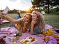 Two friends take a selfie during their wine and cheese board picnic outside. 