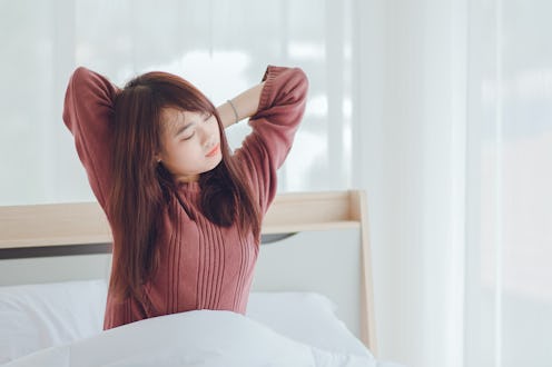 woman, stretching, tired, bed