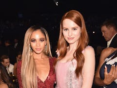 Vanessa Morgan and Madelaine Petsch twin in sequin gowns.