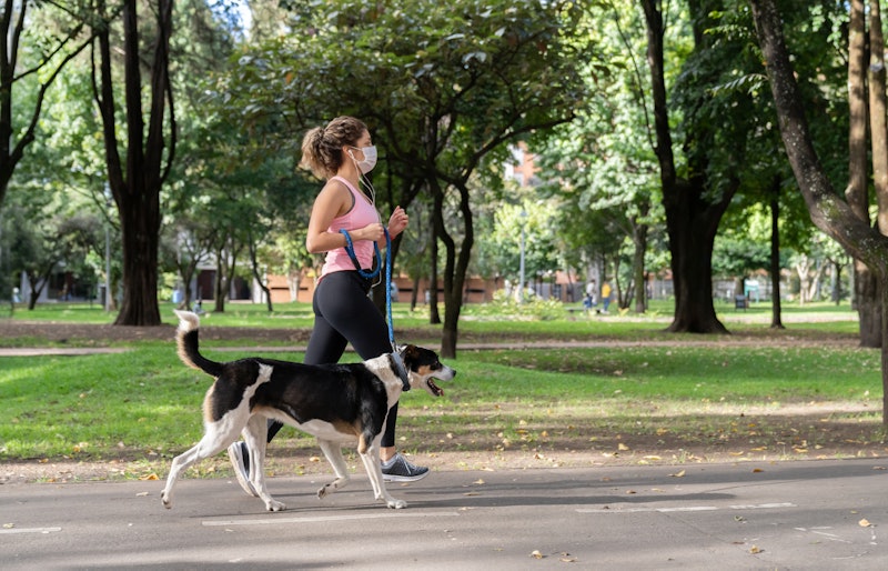 A woman wears a mask while jogging with a dog. Wearing a mask can change the way your body reacts to...