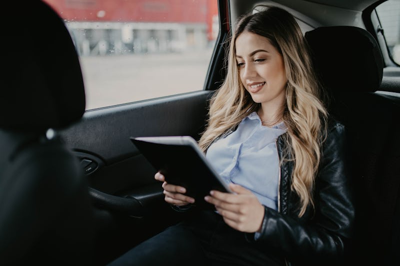 woman, car, reading