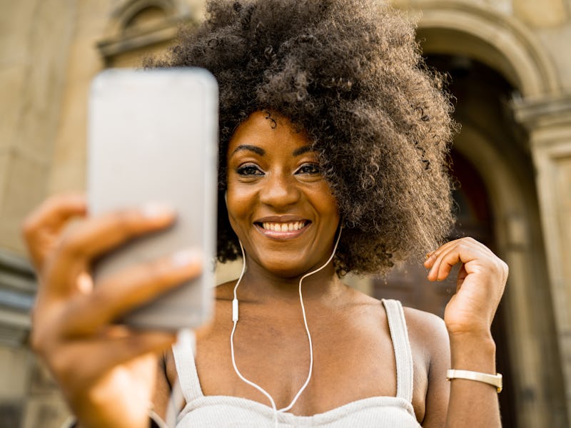 woman, smiling, selfie, phone