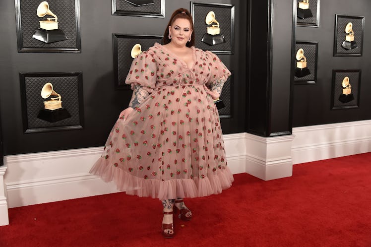 Tess Holliday wears the Strawberry Dress by Lirika Matoshi on the Grammys red carpet. 