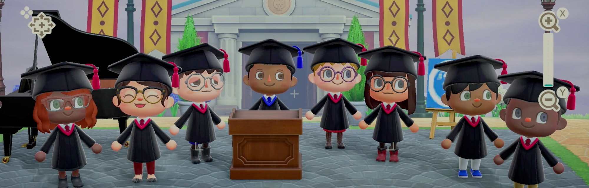 A group of different Animal Crossing players can be seen attending a virtual graduation. Each charac...