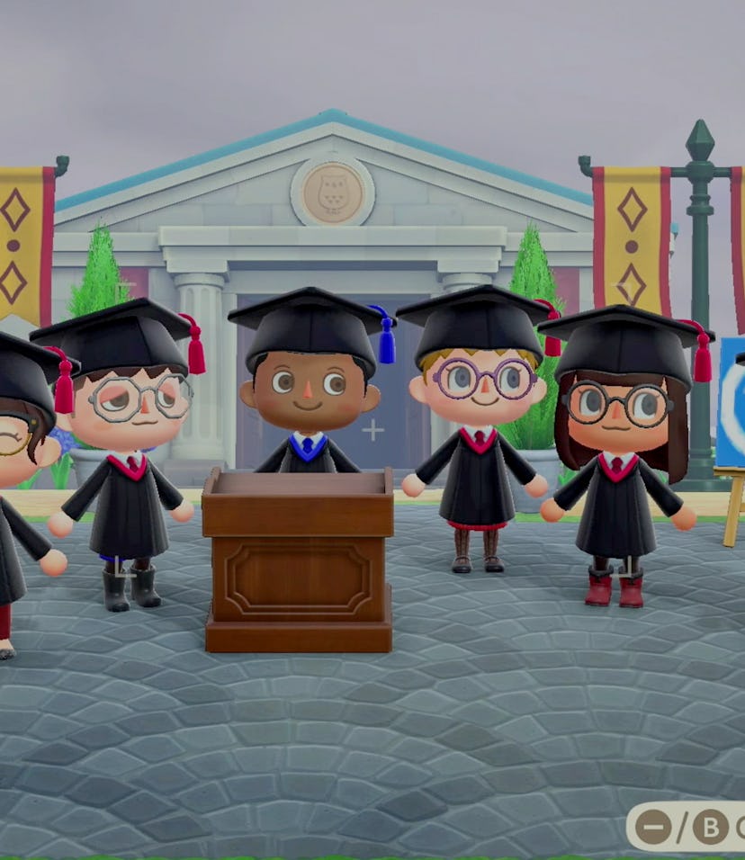 A group of different Animal Crossing players can be seen attending a virtual graduation. Each charac...