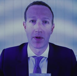 A close-up of Mark Zuckerberg on a screen.