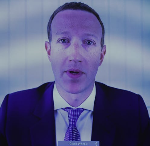 A close-up of Mark Zuckerberg on a screen.