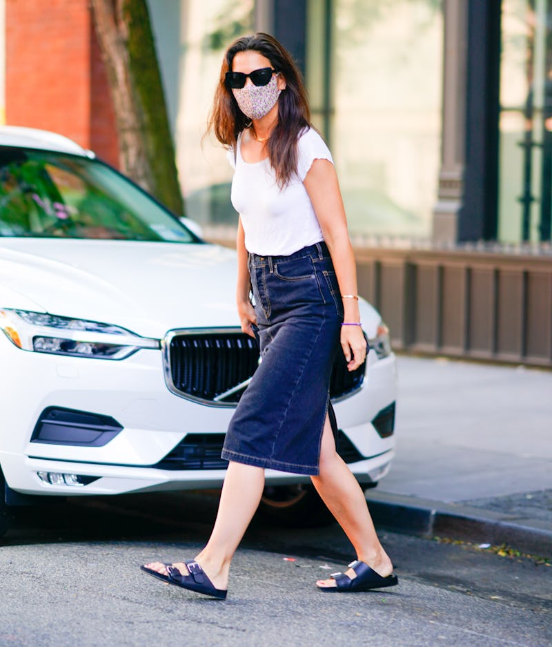 Katie Holmes wearing Birkenstocks while in New York City.
