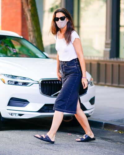 Katie Holmes wearing Birkenstocks while in New York City.