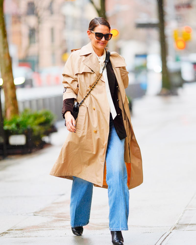 Katie Holmes wore a trench coat and jeans while out in New York City.