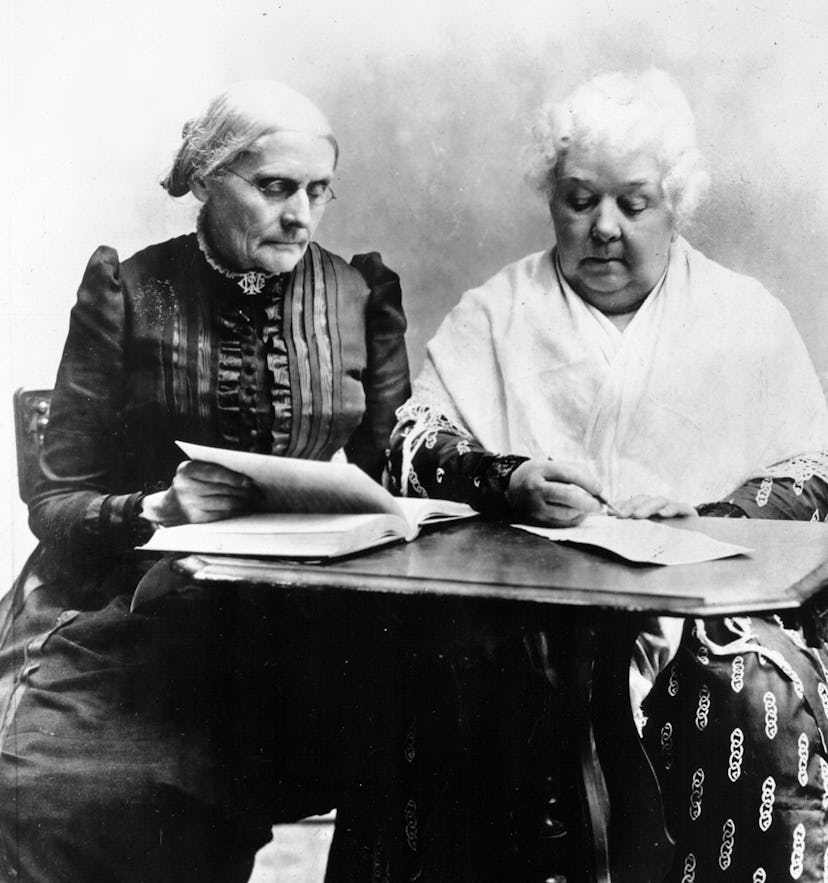 Elizabeth Cady Stanton writes the Declaration Of Sentiments during the history of women's suffrage.