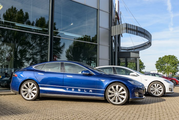 A Tesla vehicle outside a showroom