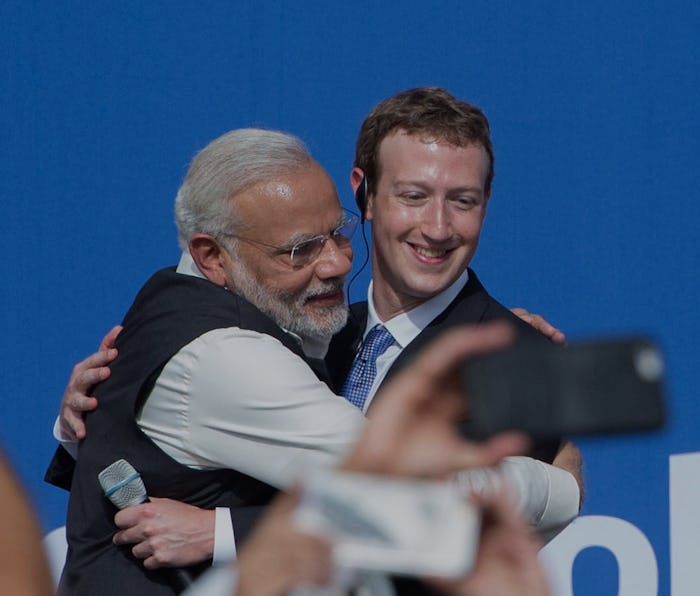 The prime minister of India, Narendra Modi, can be seen hugging Facebook CEO Mark Zuckerberg. Modi h...