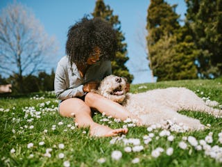 A young Black woman sits in the grass in her backyard with her fluffy dog on a sunny day.