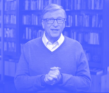 Microsoft tycoon and philanthropist Bill Gates can be seen in a cardigan in front of a bookshelf. He...