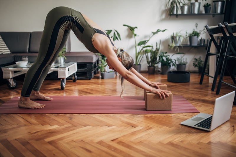 A person holds a plank on her yoga mat at home. Knowing how to modify yoga poses for your own body c...