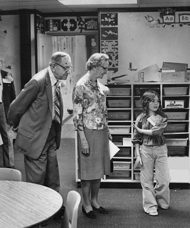 This vintage back to school photo shows a child introducing themselves to a new class. 