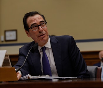 Treasury secretary and bespectacled Steve Mnuchin is seen at a congressional hearing.
