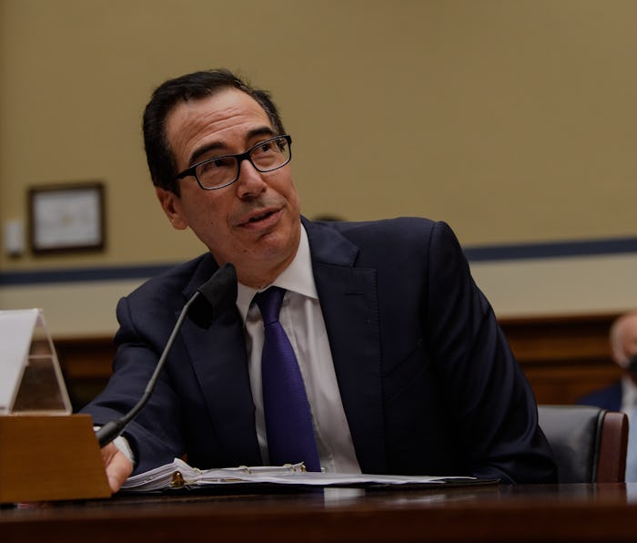 Treasury secretary and bespectacled Steve Mnuchin is seen at a congressional hearing.