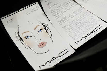 A sketch of a face with mac makeup applied next to a page with notes on the makeup