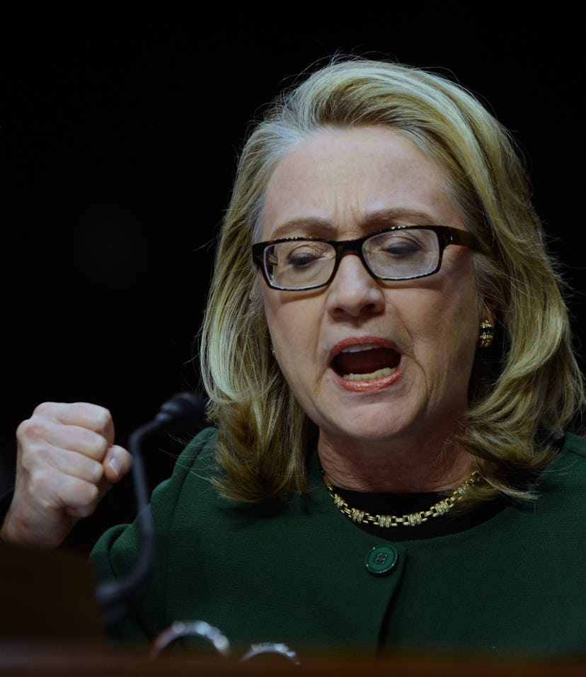 Former Democratic presidential nominee Hillary Clinton can be seen delivering a prepared statement i...