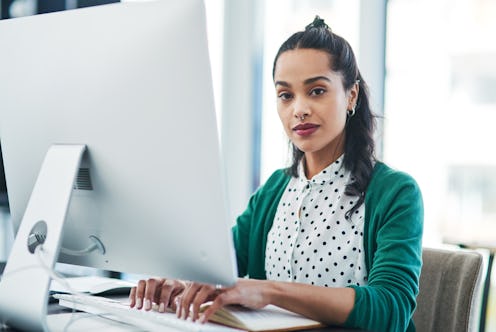 woman, working, typing