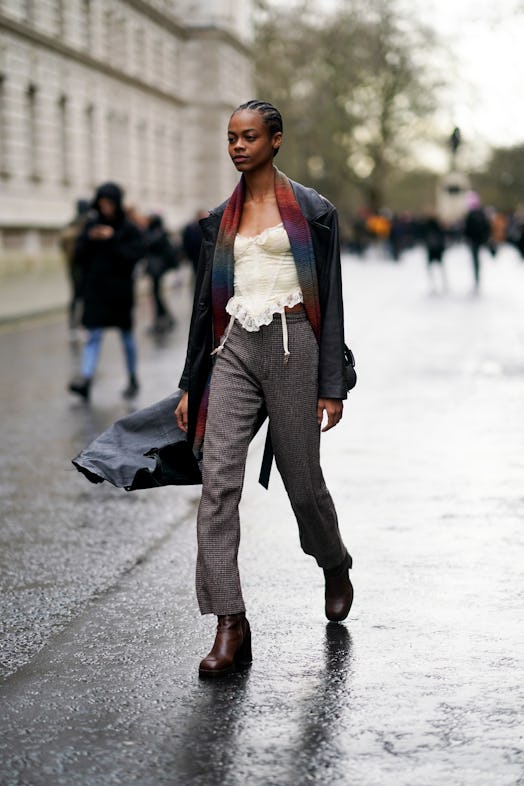 Corset worn with leather jackets and wool scarf.