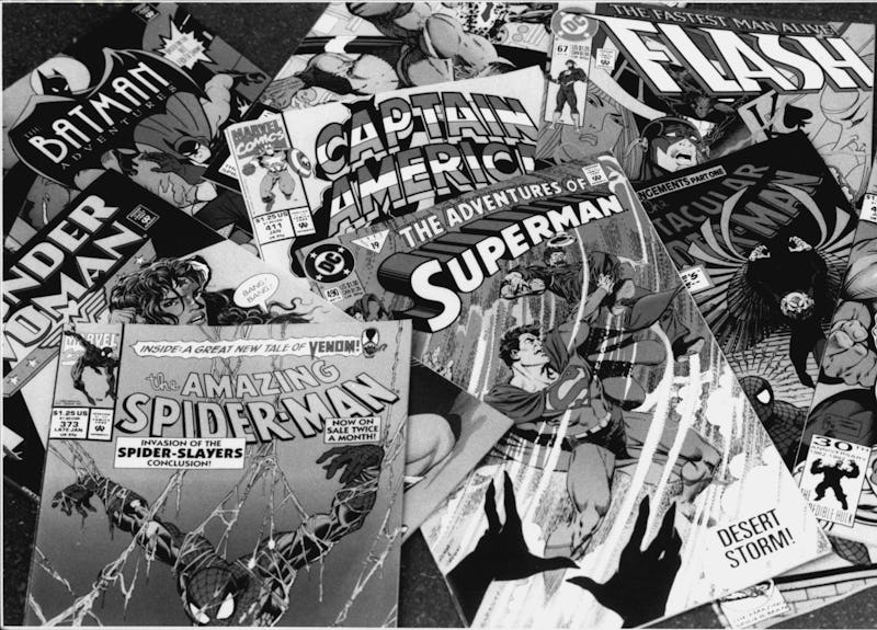 A collage with various superhero covers with capes in black and white