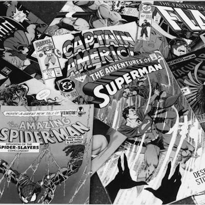 A collage with various superhero covers with capes in black and white