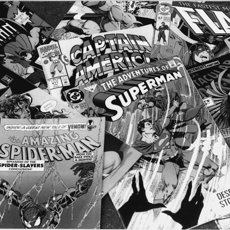 A collage with various superhero covers with capes in black and white