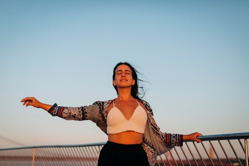 woman, sunset, bridge