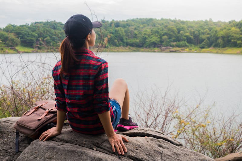 lake, woman, ponder