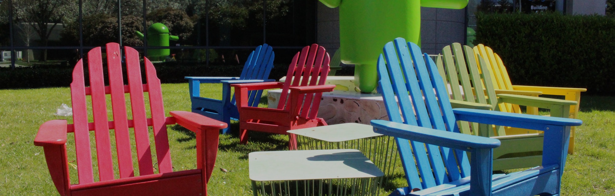 Lawn chairs and a statue at Google's headquarters in Mountain View, California.
