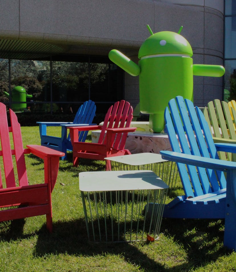Lawn chairs and a statue at Google's headquarters in Mountain View, California.