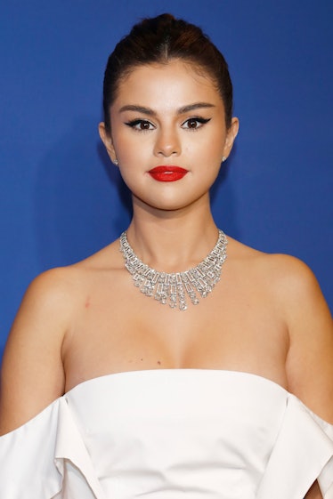 Selena Gomez hits the red carpet in a strapless dress. 