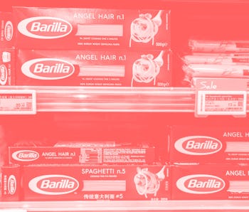 Barilla pasta on a store shelf.