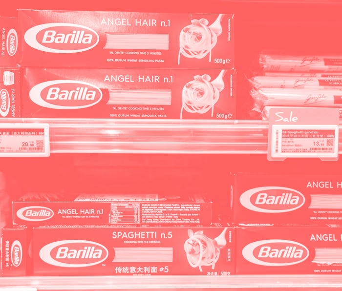 Barilla pasta on a store shelf.