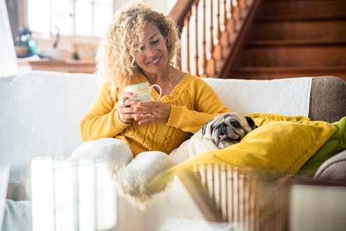 woman, curly hair, dog